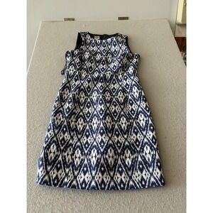Anne Klein Dress Womens 8 Blue White Geometric Jacquard Sleeveless Shift Mini